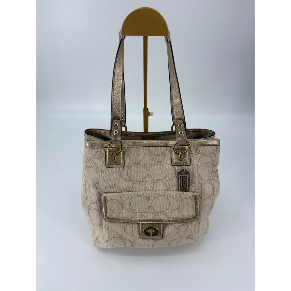 Coach Signature Canvas Tote Bag Gold Leather Trim Turn Lock Pocket